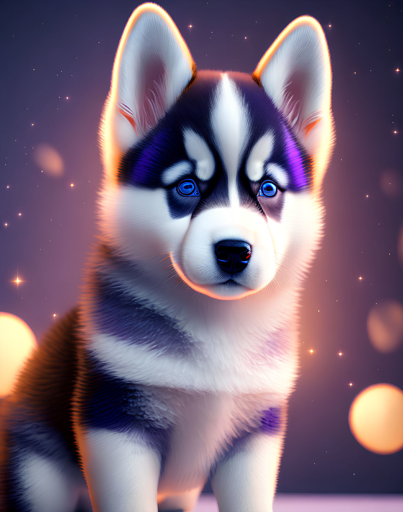Vibrant Husky with Blue Eyes and Bi-Colored Fur on Starlit Purple Background