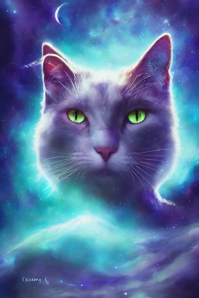 Cat with Vibrant Green Eyes in Cosmic Nebula Sky