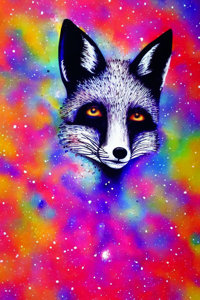 Colorful Painting of Grey Fox Head with Golden Eyes in Psychedelic Space Background
