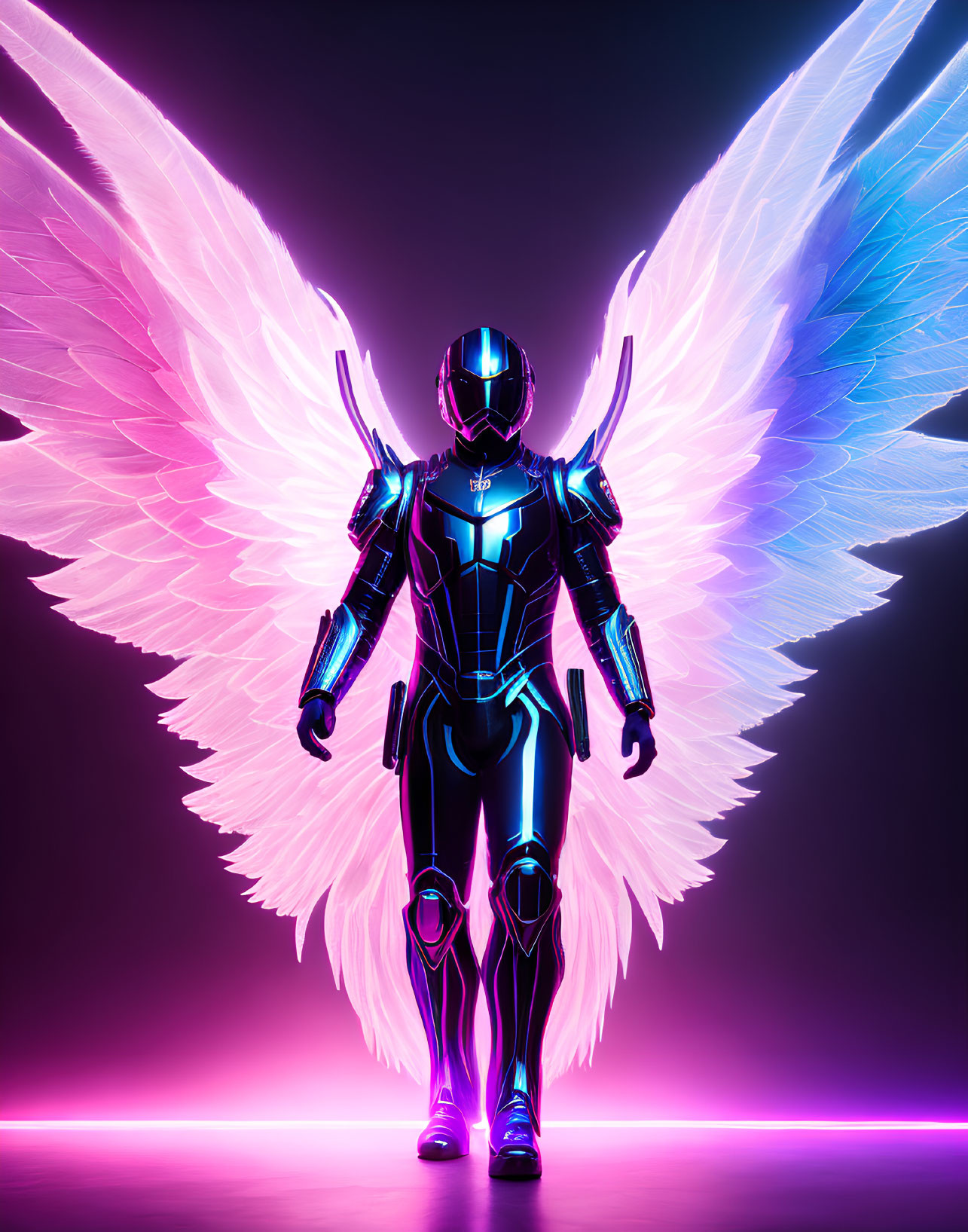 Armored figure with glowing accents and luminous wings on vibrant purple background