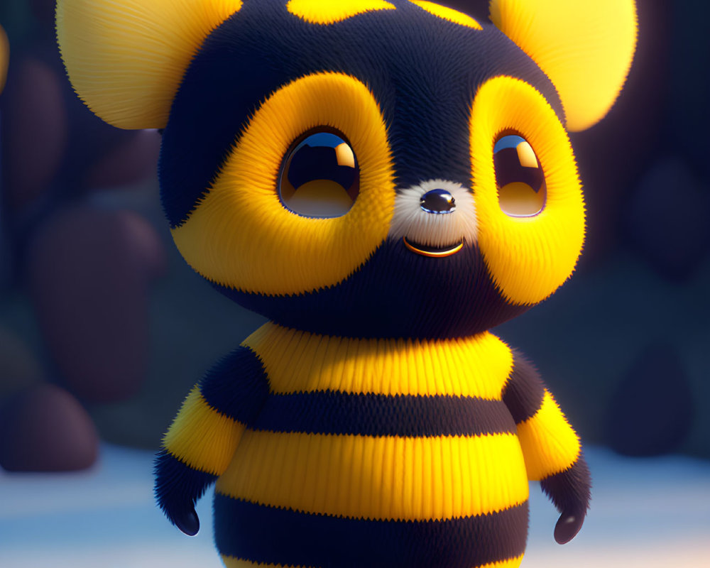 Chubby bee-themed creature with big eyes and small bee companion in 3D animation