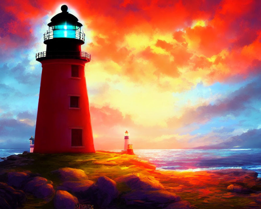 Digital Artwork: Red Lighthouse on Rocky Shore at Sunset
