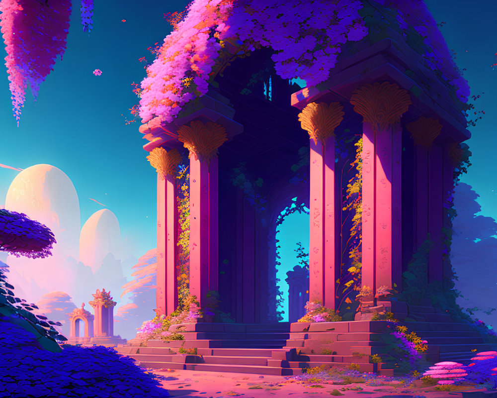 Colorful fantasy landscape: pink trees, towering columns, distant arches, two moons