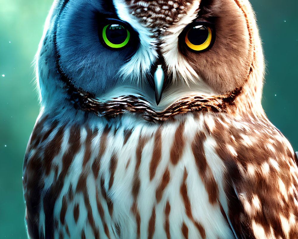Detailed digital image of owl with green and yellow eyes, intricate feather patterns, in brown and white against