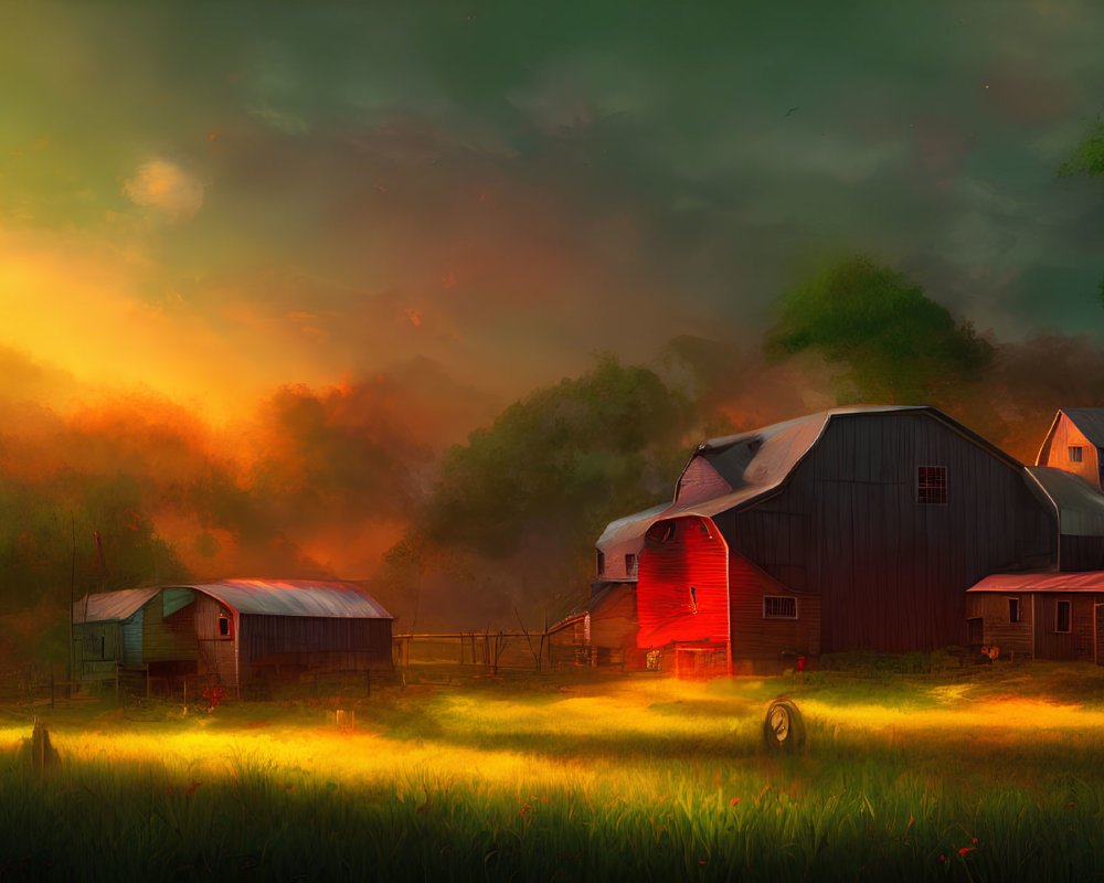 Rustic barns in serene rural sunset scene