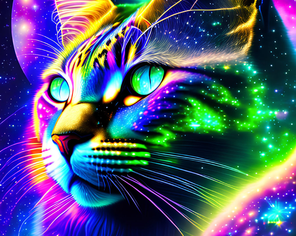 Colorful Cat Face Illustration on Cosmic Space Background