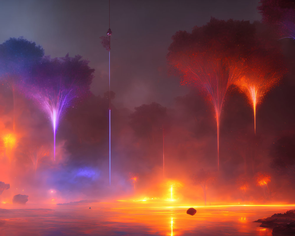 Ethereal trees in surreal landscape with misty river and vibrant orange light