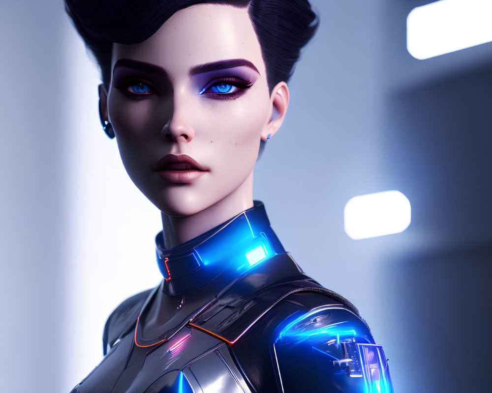Digital artwork: Female character with pale skin, blue eyes, black hair in futuristic armor
