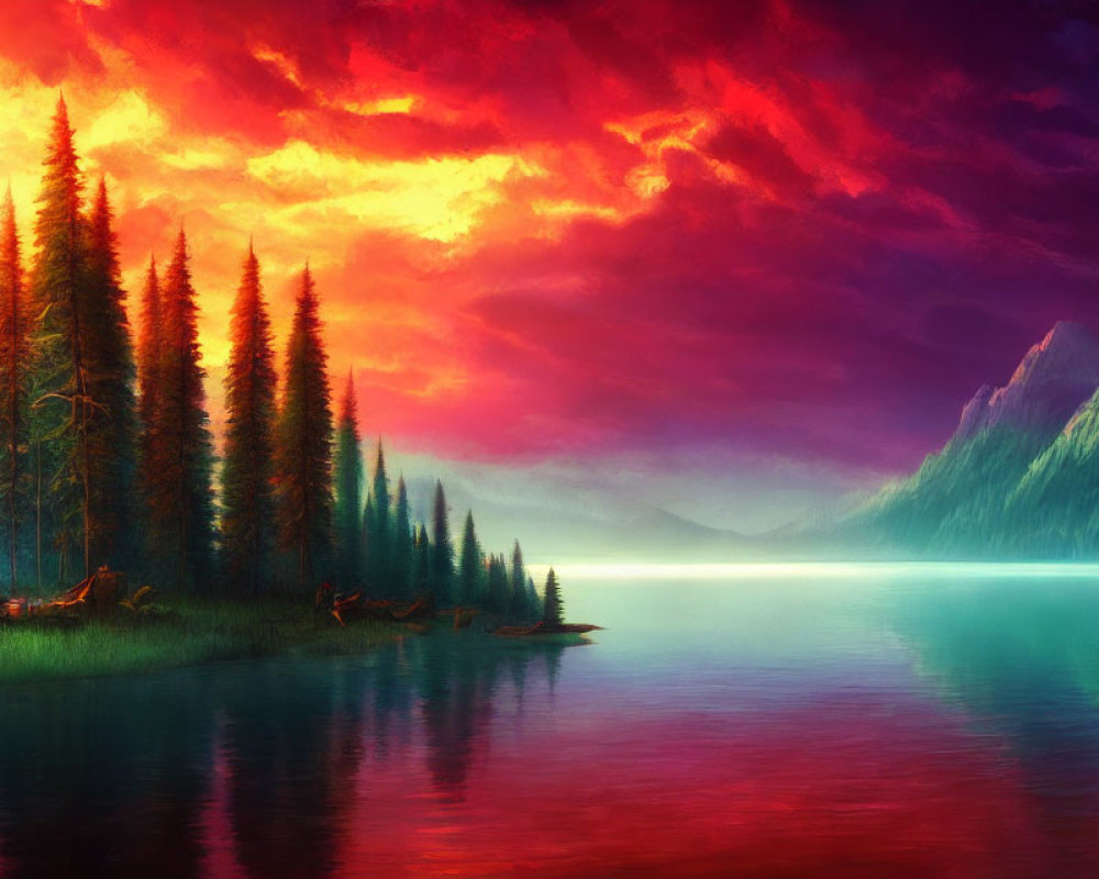 Scenic landscape: red and purple sunset over lake, pine trees, mountains
