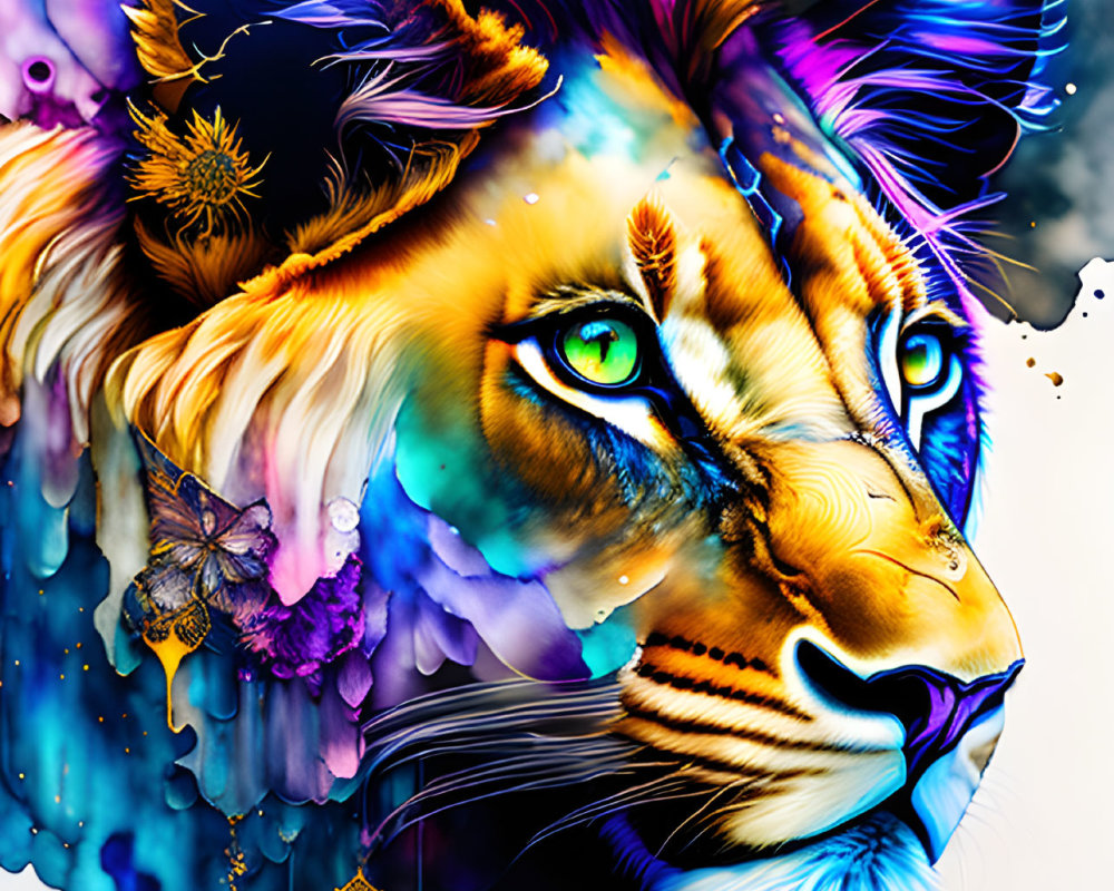 Vibrant digital art: Lion with green eyes, watercolor effects, jewelry, bee