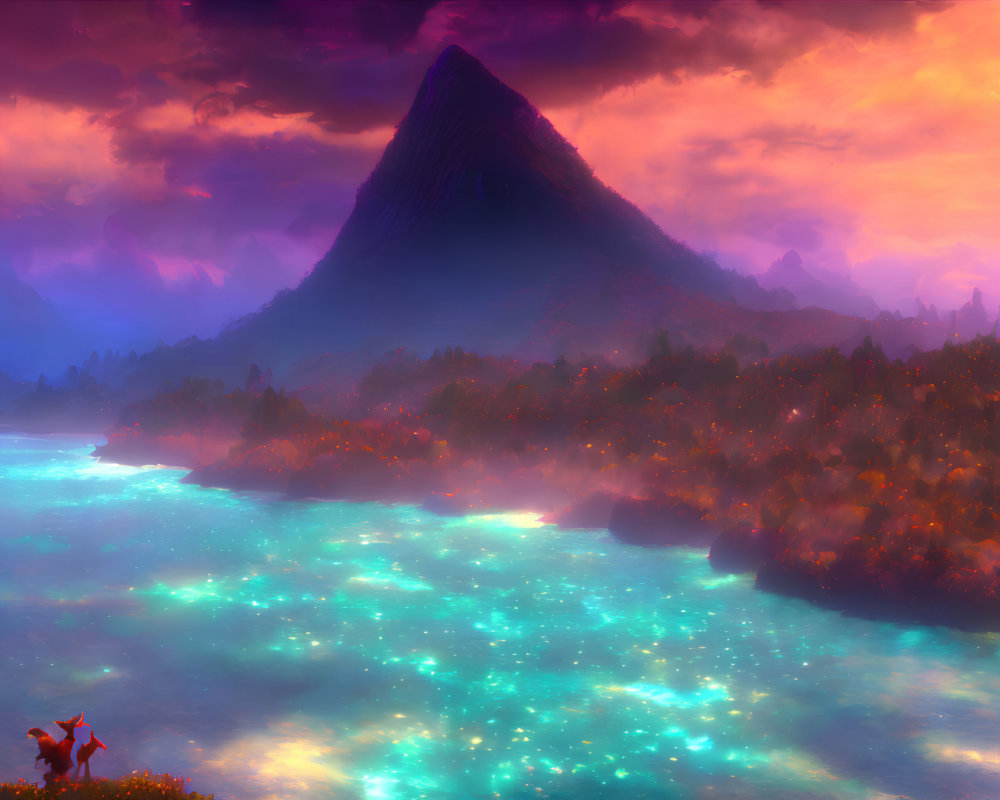 Vibrant fantasy landscape with glowing blue river and solitary mountain