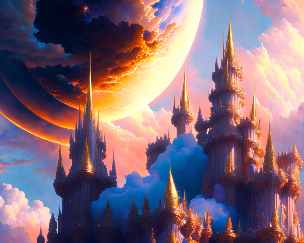 Majestic castle with spires in clouds, giant planet, orange skies