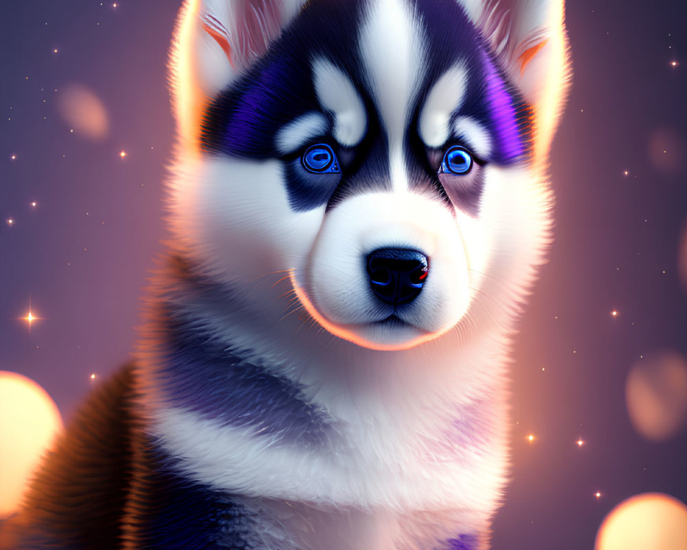 Vibrant Husky with Blue Eyes and Bi-Colored Fur on Starlit Purple Background