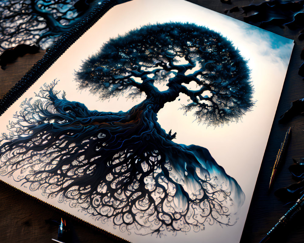 Detailed Tree Artwork with Exaggerated Roots and Branches on White Background