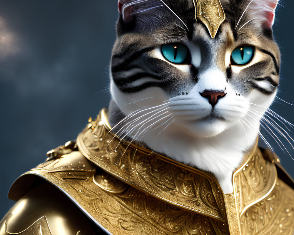 Majestic Cat with Turquoise Eyes in Golden Armor on Moody Background