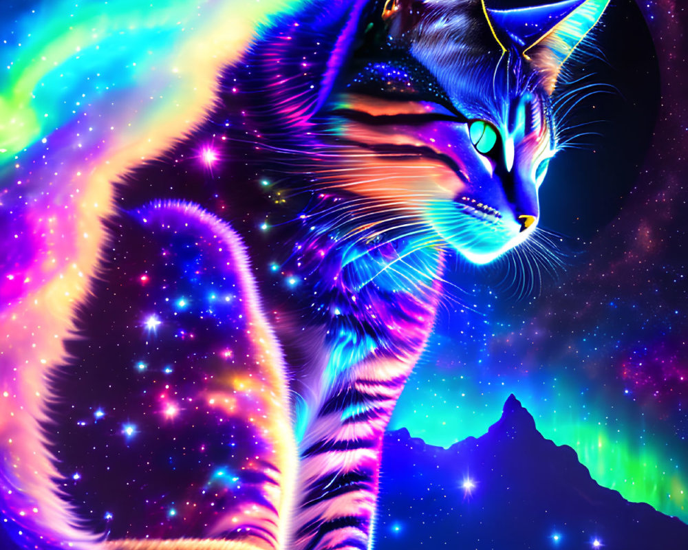 Colorful Cosmic Cat with Neon Glows in Starry Space Background