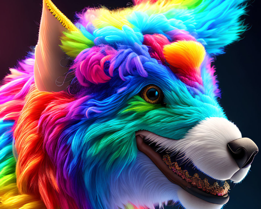 Colorful digital artwork of a fantastical creature with rainbow fur and unicorn horn.