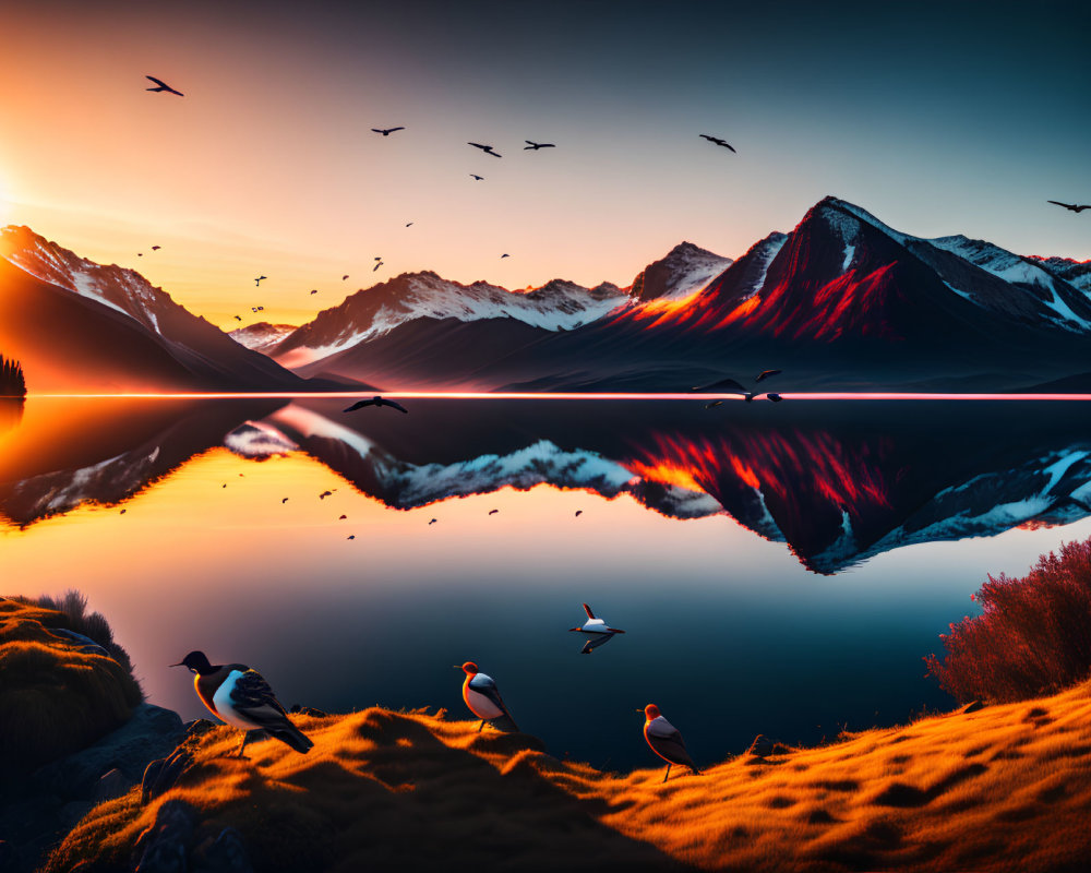 Tranquil lake sunset with mountain reflection and birds in vibrant colors