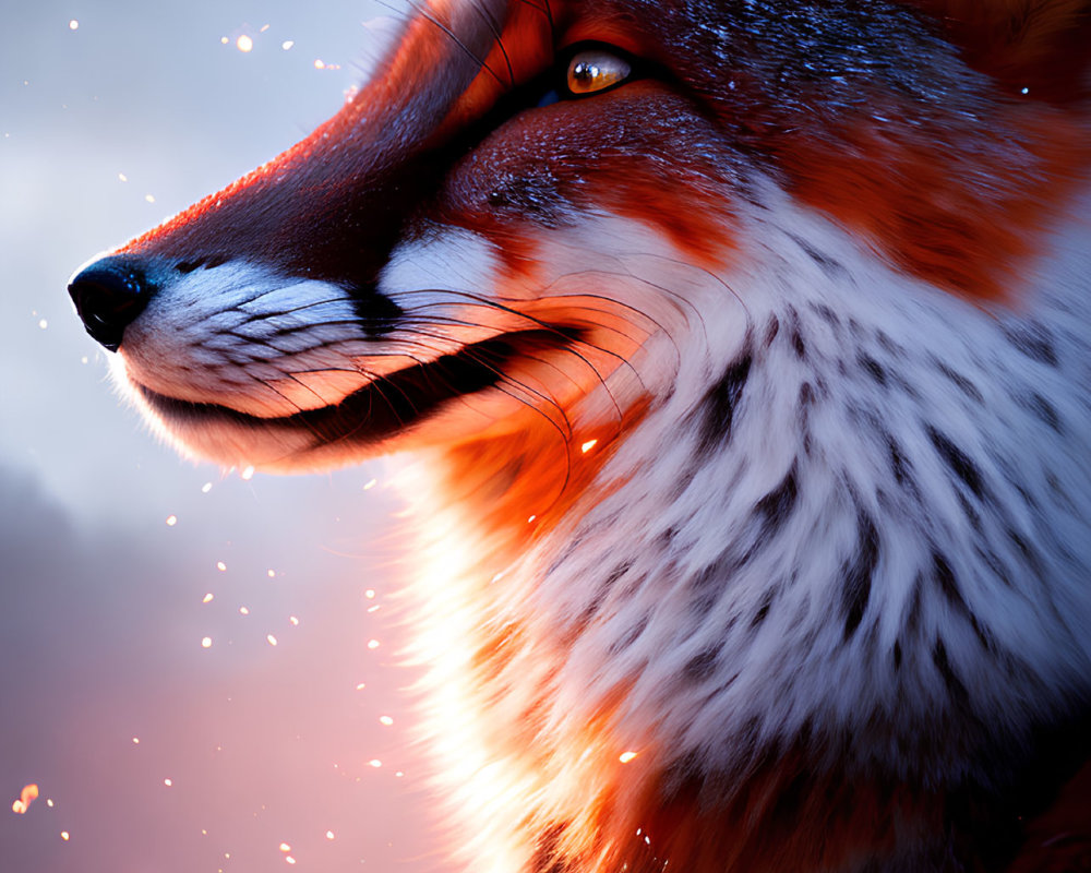 Vivid close-up of red fox with detailed textures and glowing ambiance