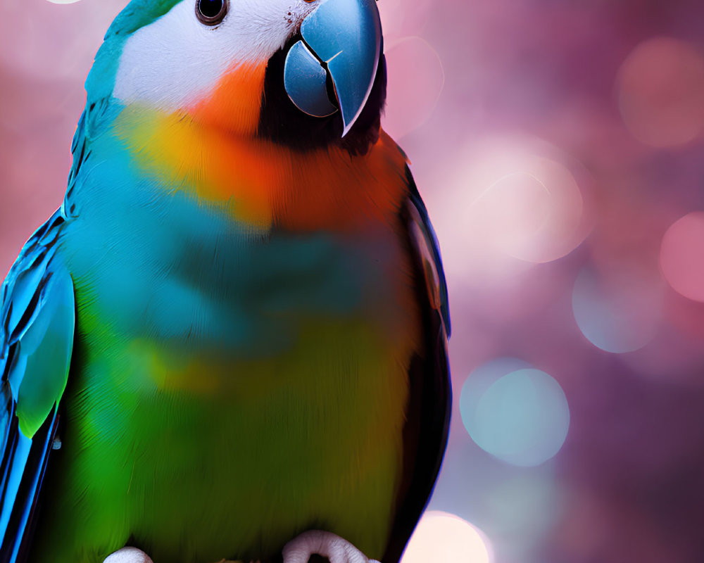 Vibrant blue and green parrot on wooden stump with pink bokeh background