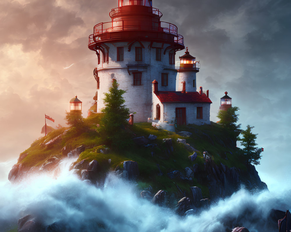 Majestic lighthouse on rocky cliff with crashing waves at sunset