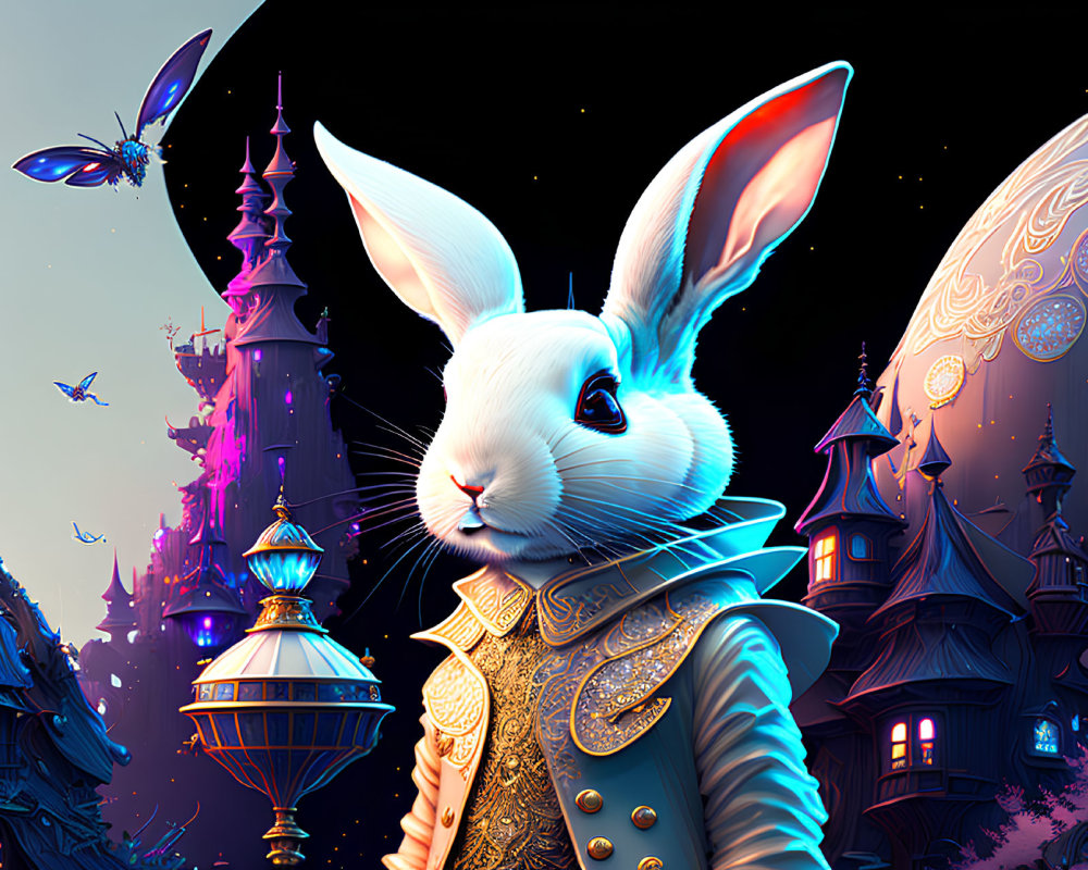 Anthropomorphic white rabbit in regal outfit with whimsical castle and moonscape