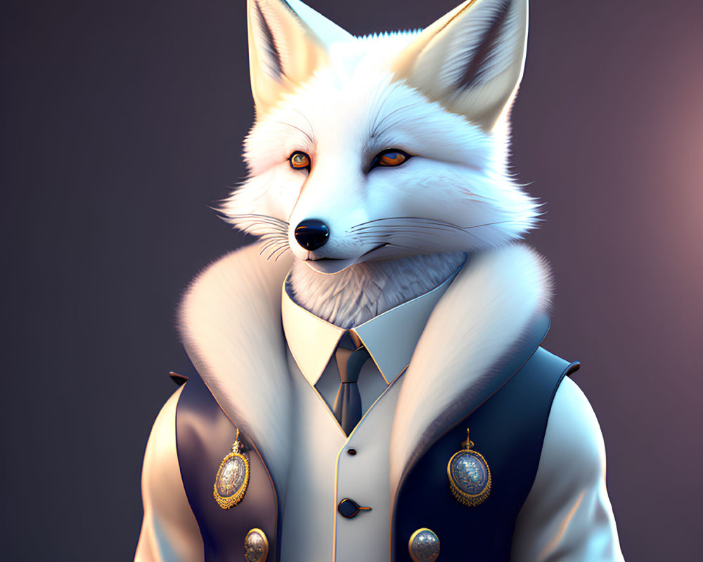 Elegantly dressed fox in vest, tie, watch chain on gradient backdrop