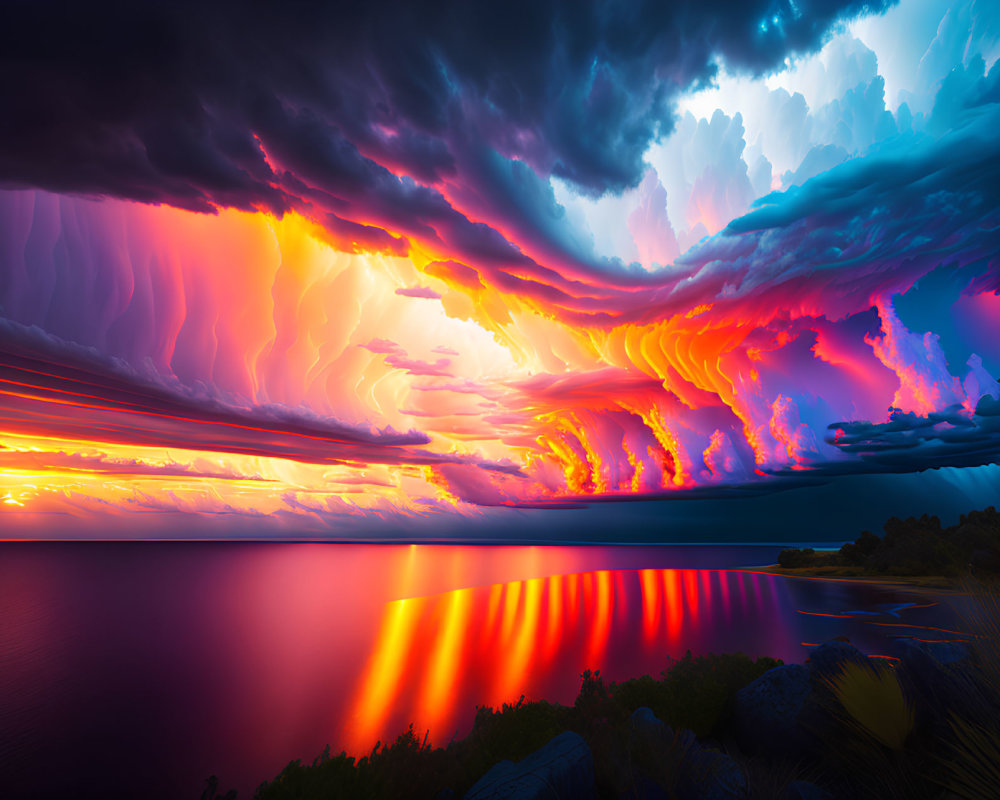 Scenic sunset over serene lake with fiery clouds and purple hues