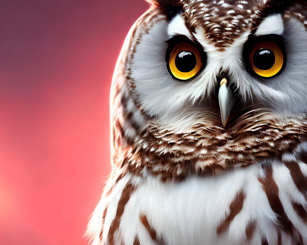 Majestic owl with yellow eyes and detailed feathers on pinkish-red background