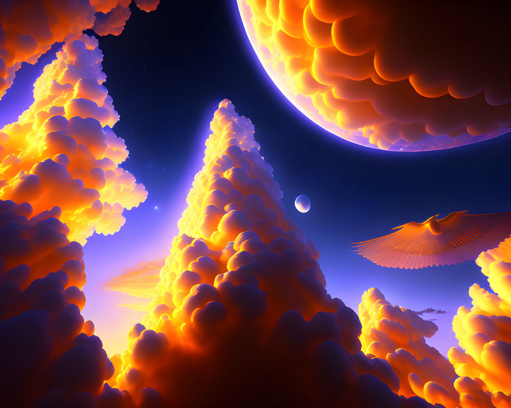 Surreal sci-fi scene: orange clouds, giant planet, moon, bird-like creature