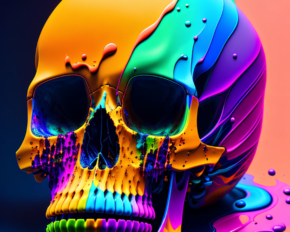 Colorful neon paint drips on skull against dark background
