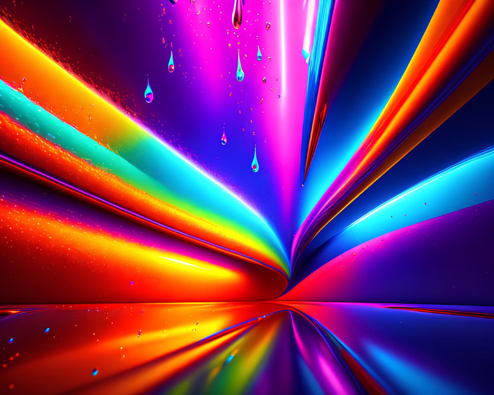 Colorful Abstract Image with Rainbow Beams and Reflective Elements