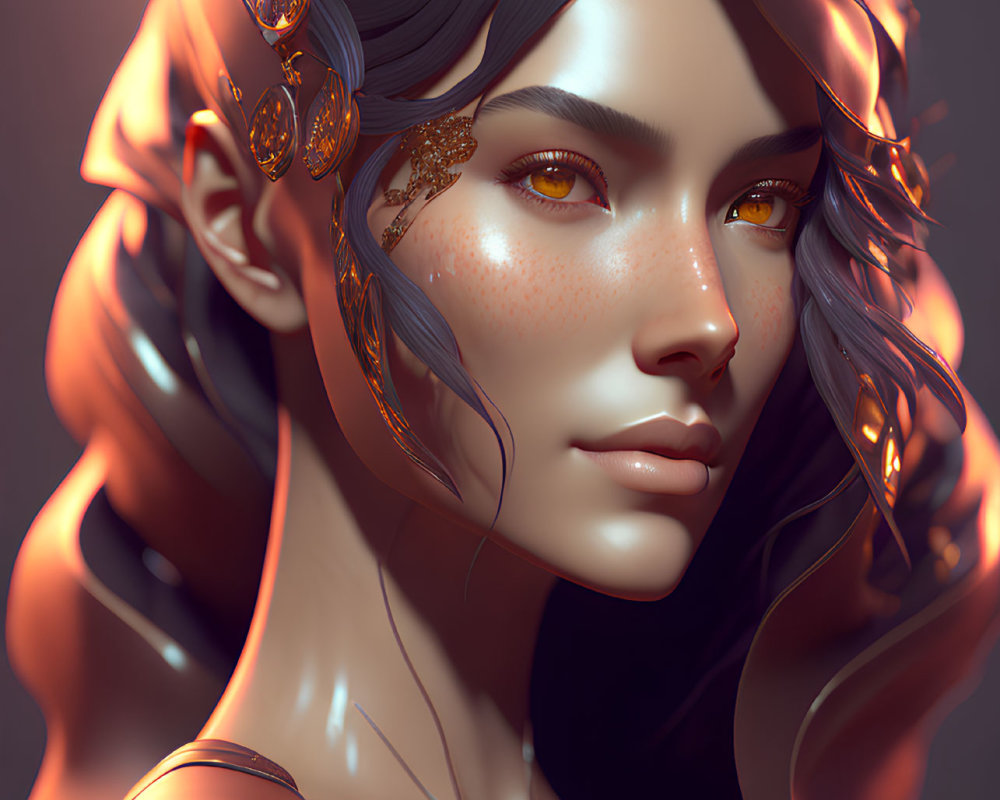 Woman with Golden Freckles and Amber Eyes in Digital Art