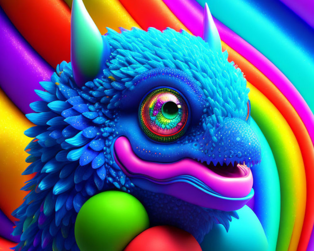 Colorful Creature with Blue Scales and Green Eyes on Rainbow Background