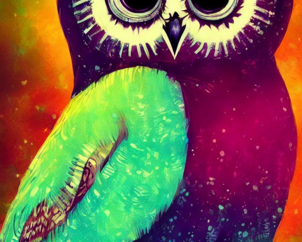 Colorful Owl Illustration with Large Eyes on Orange Background