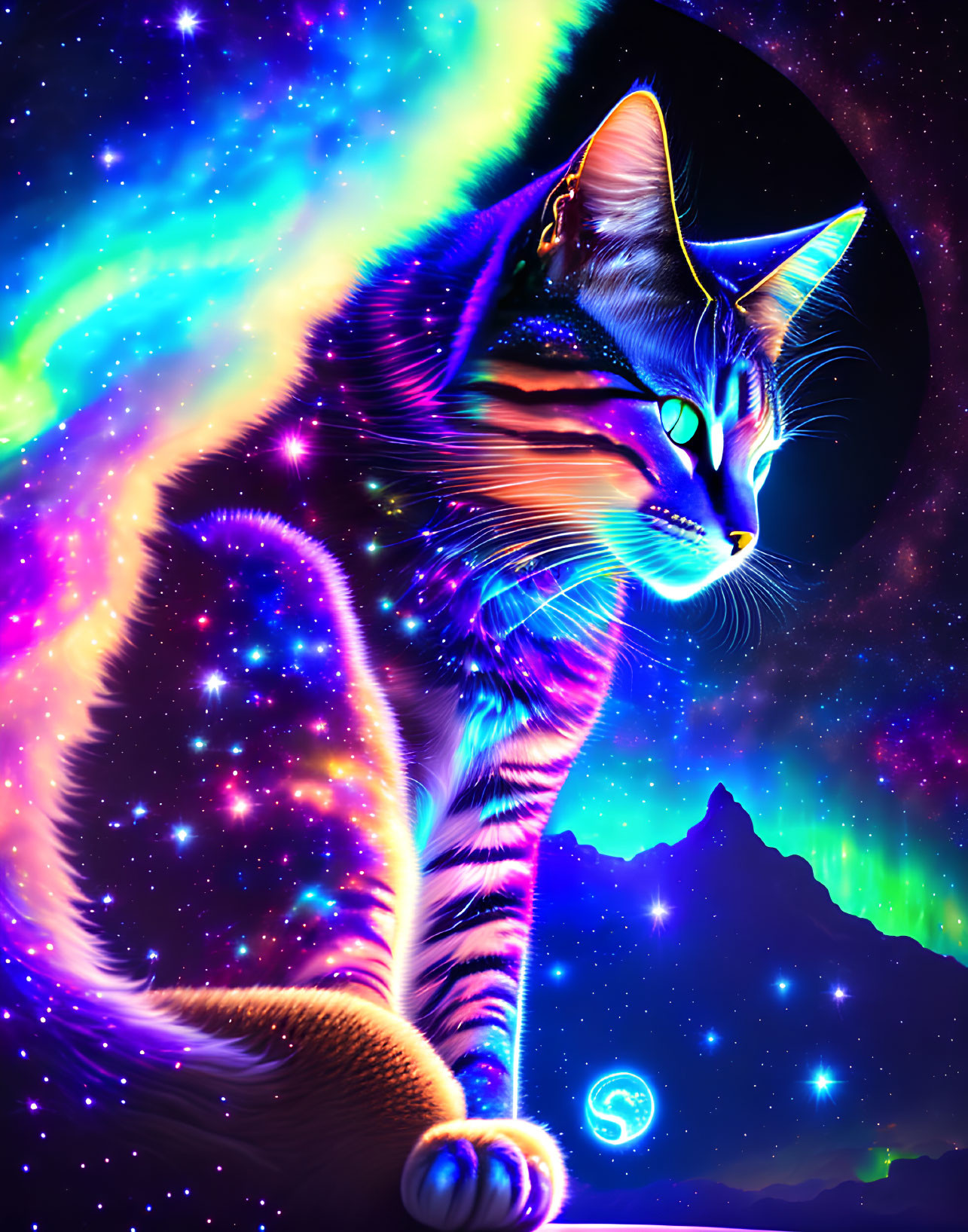 Colorful Cosmic Cat with Neon Glows in Starry Space Background