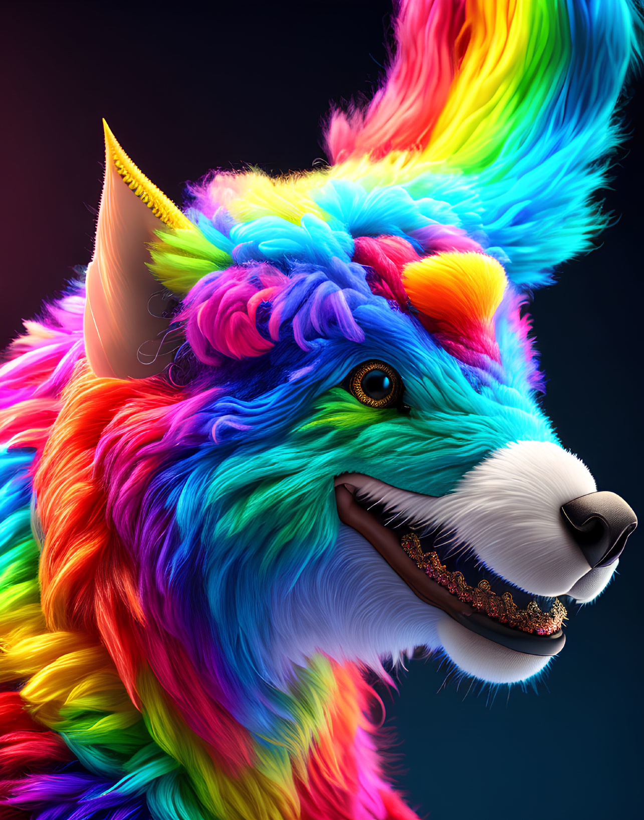 Colorful digital artwork of a fantastical creature with rainbow fur and unicorn horn.