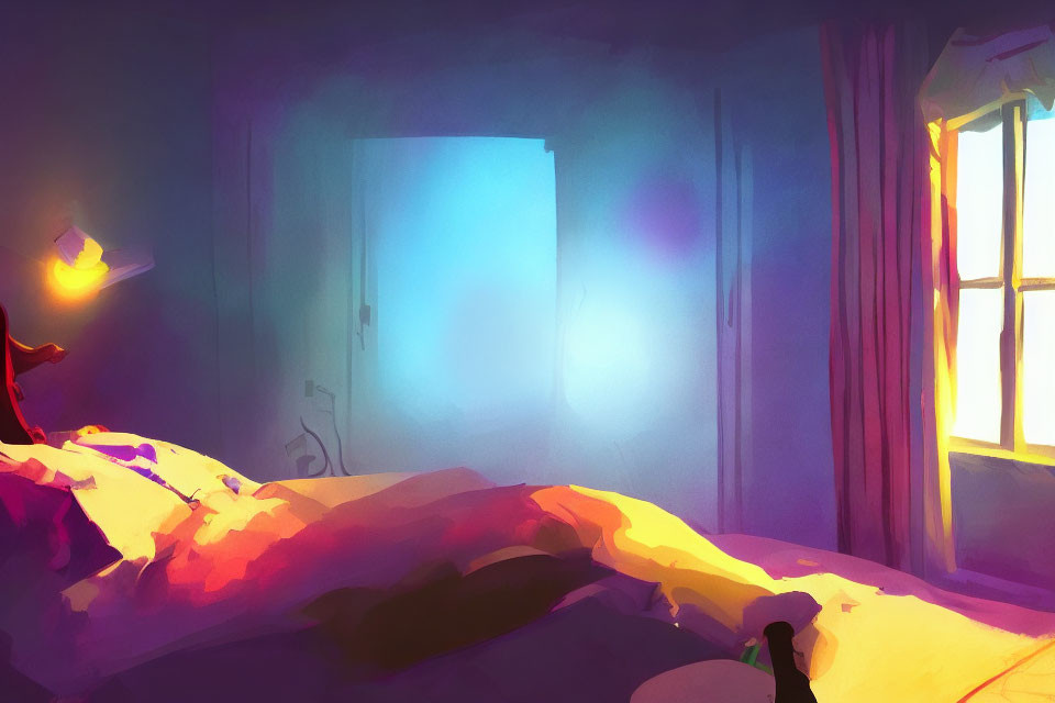 Vibrant illustration of a cozy bedroom at dusk with warm sunlight and long shadows