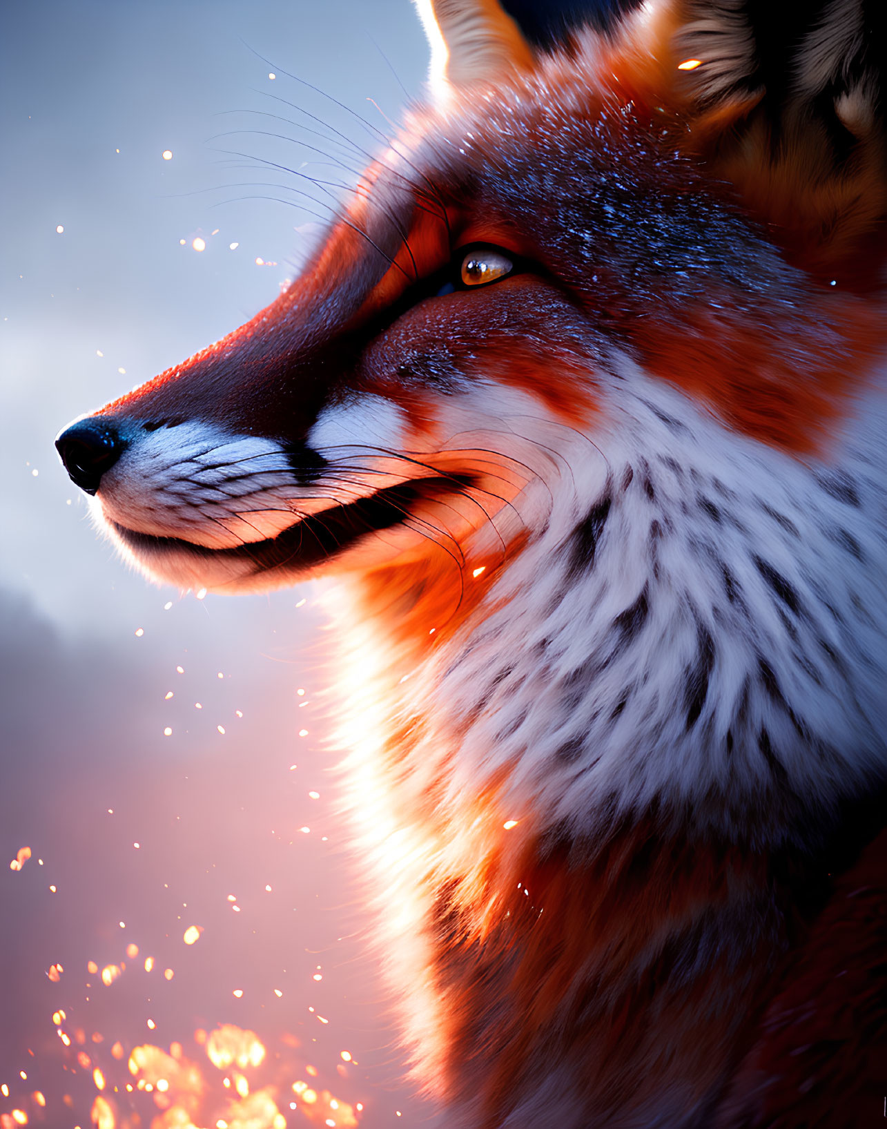 Vivid close-up of red fox with detailed textures and glowing ambiance