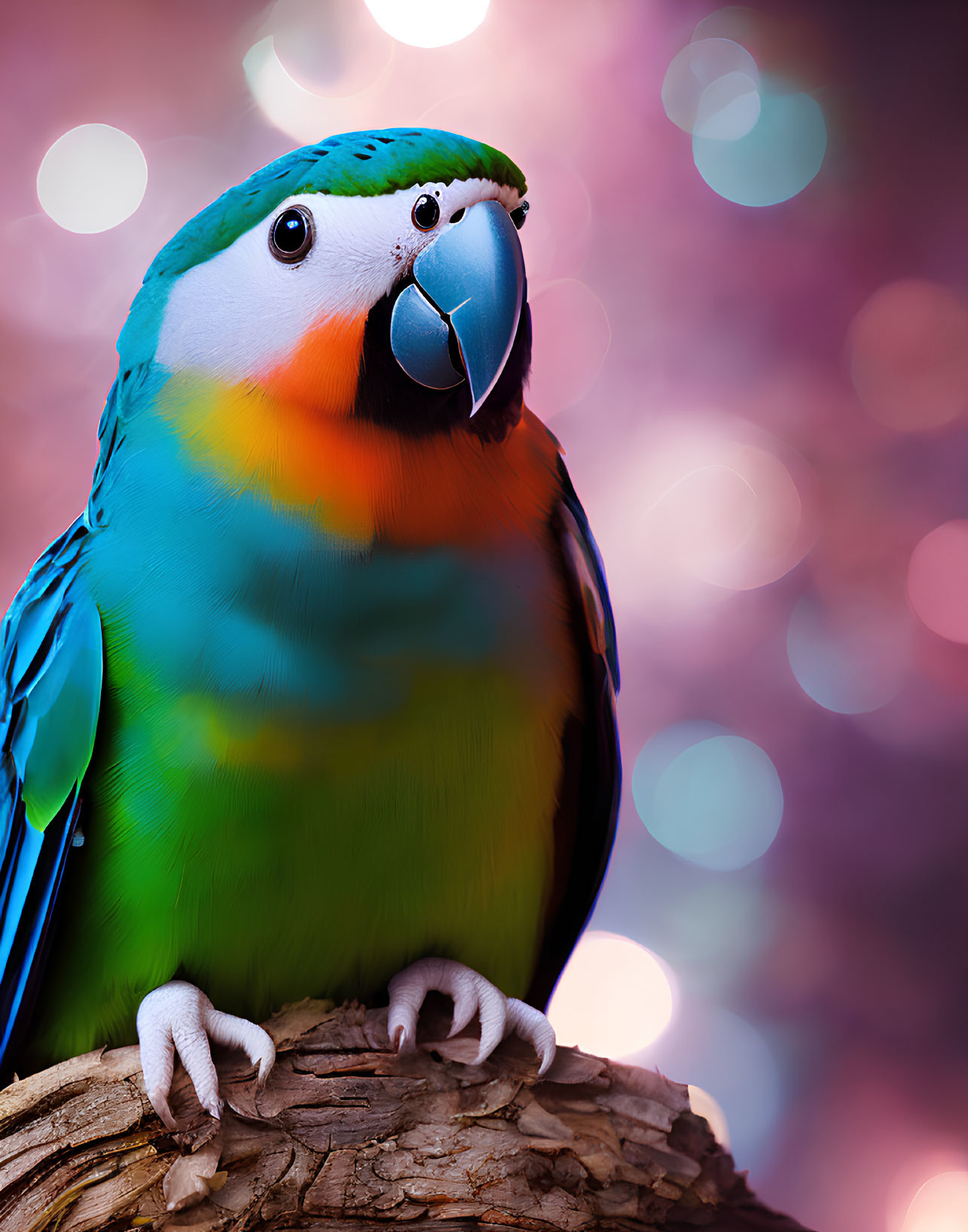 Vibrant blue and green parrot on wooden stump with pink bokeh background