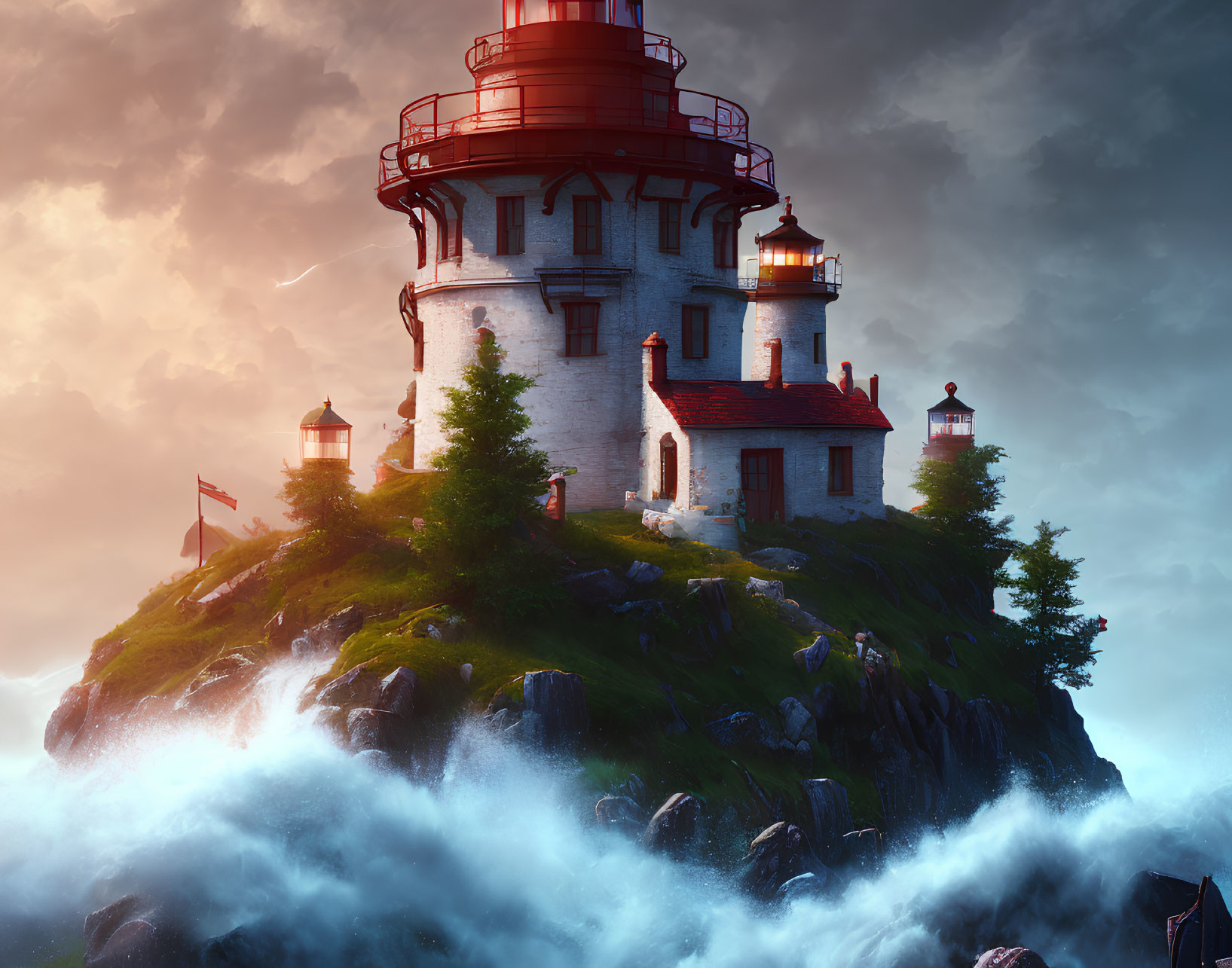 Majestic lighthouse on rocky cliff with crashing waves at sunset