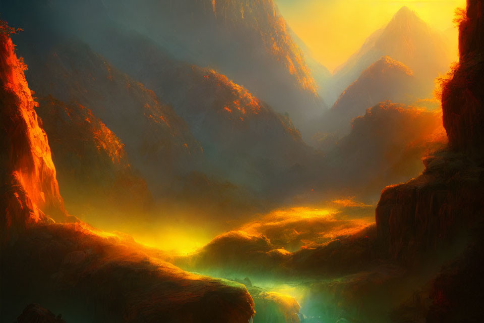 Fantastical landscape with fiery waterfalls and glowing mountains