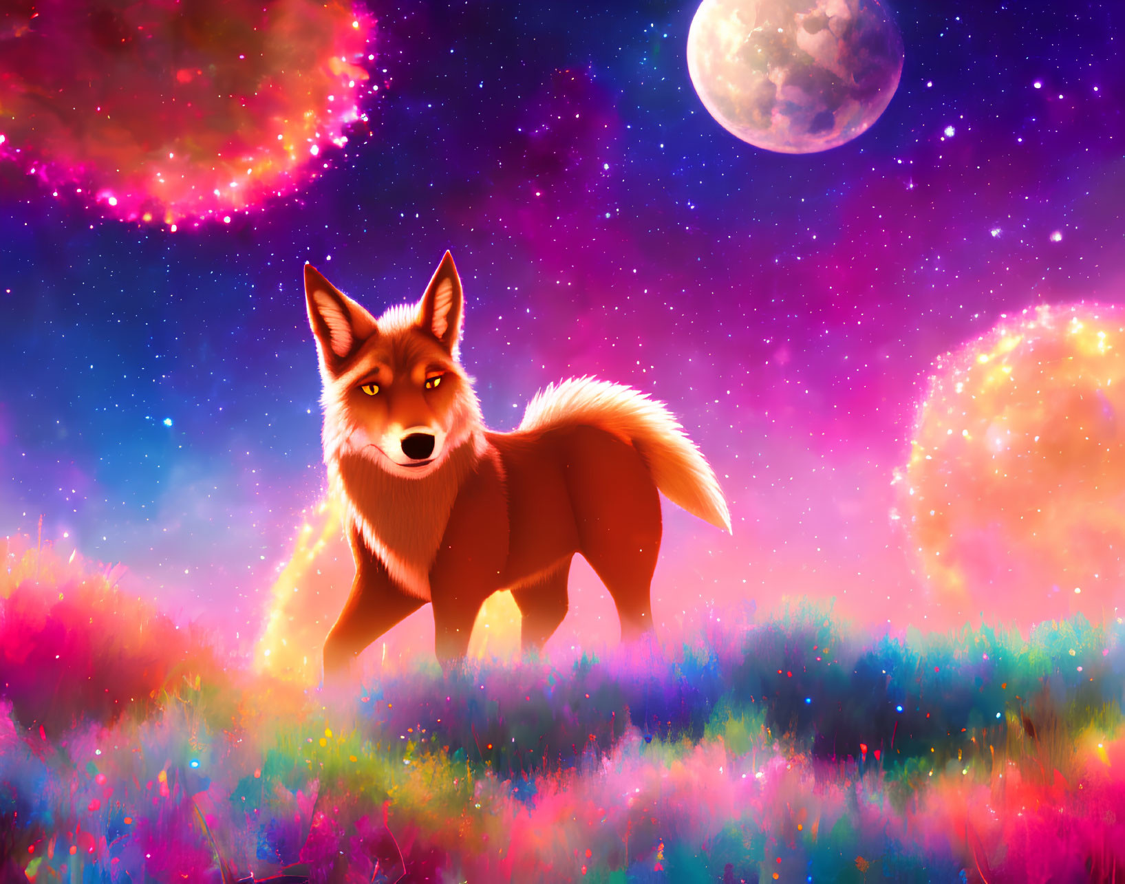 Colorful Fox in Fantasy Meadow with Moon and Orbs