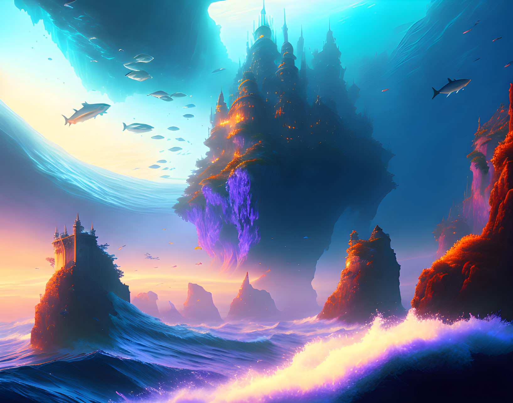 Fantastical seascape with floating islands and glowing waterfalls