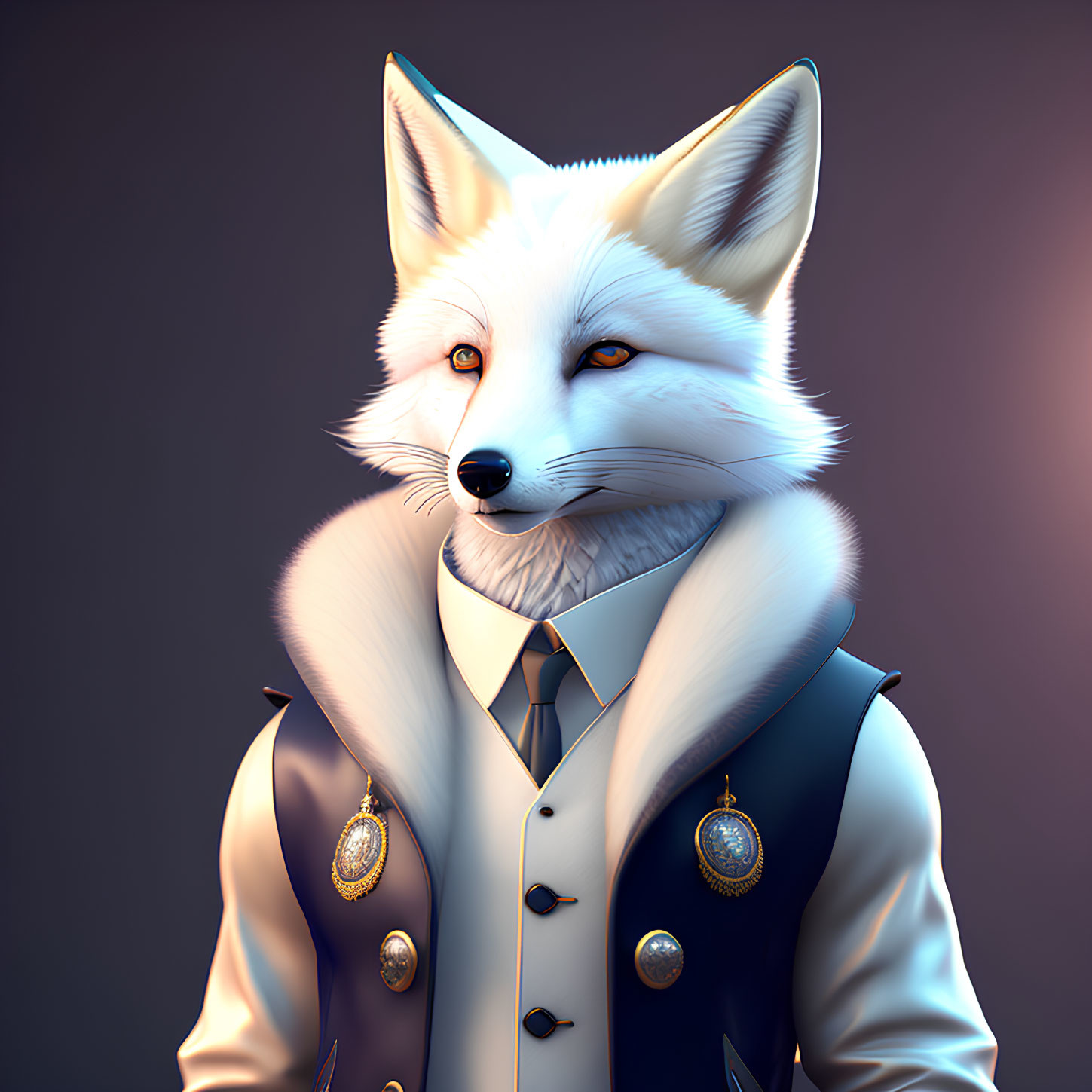 Elegantly dressed fox in vest, tie, watch chain on gradient backdrop