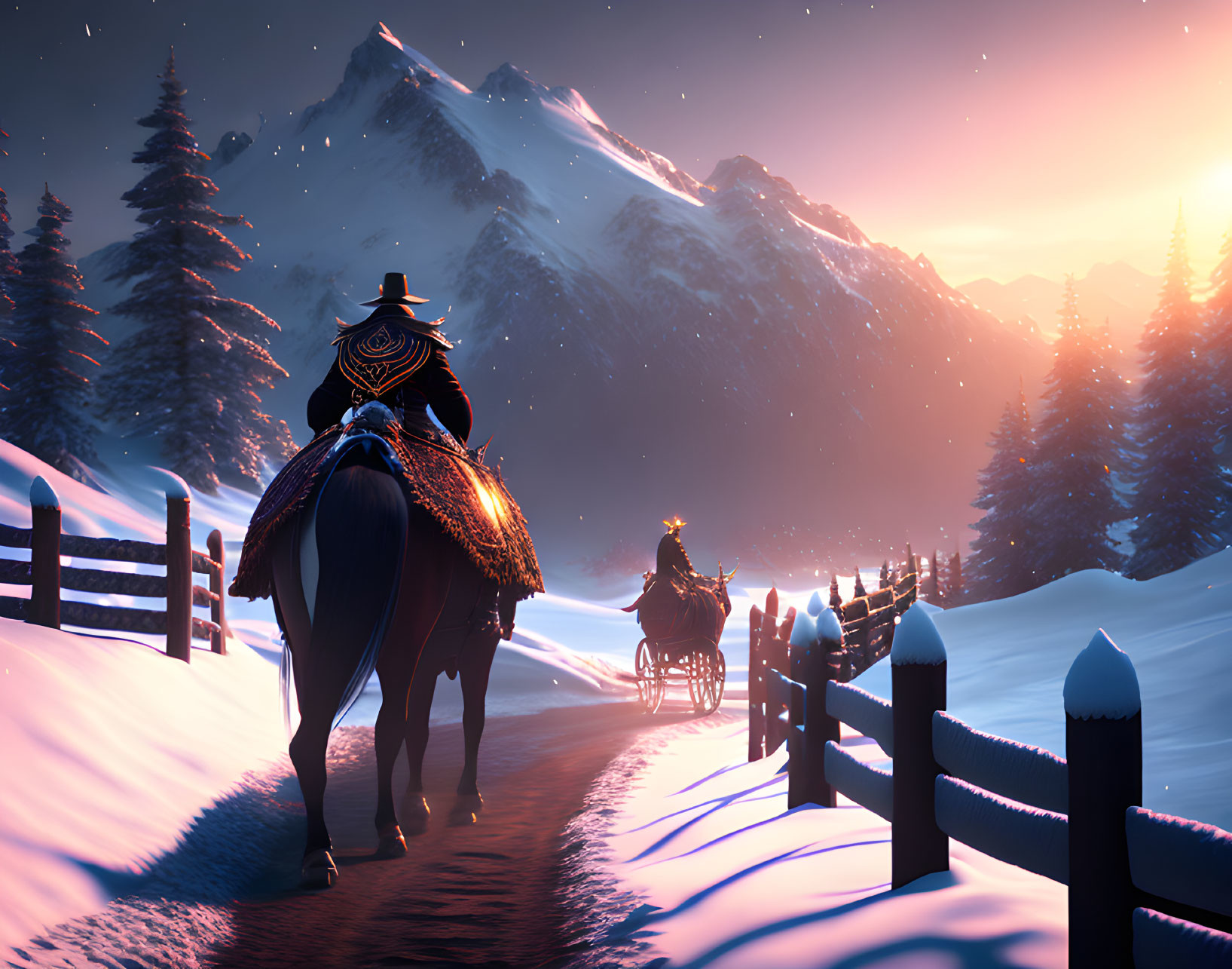 Snowy path with horseback rider and carriage under pink sunset sky