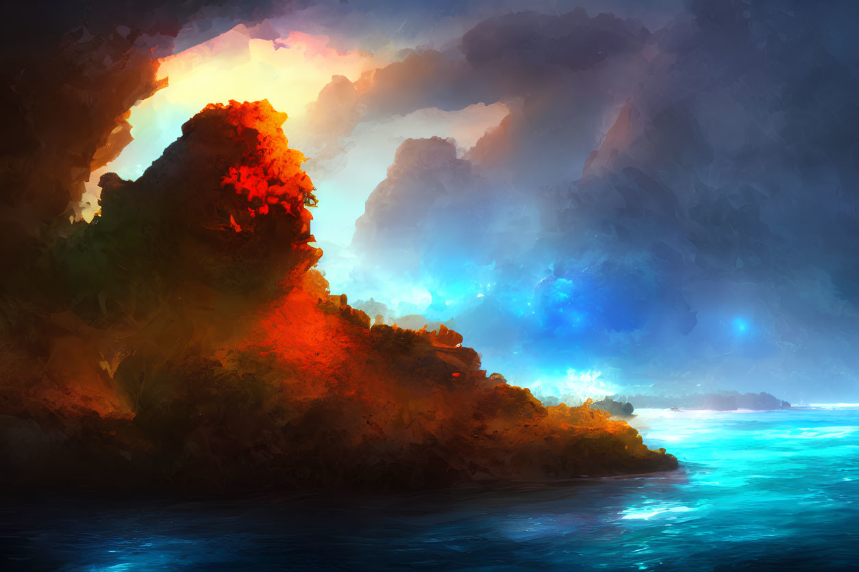 Vibrant digital painting of coastal scene with red foliage and dramatic sky