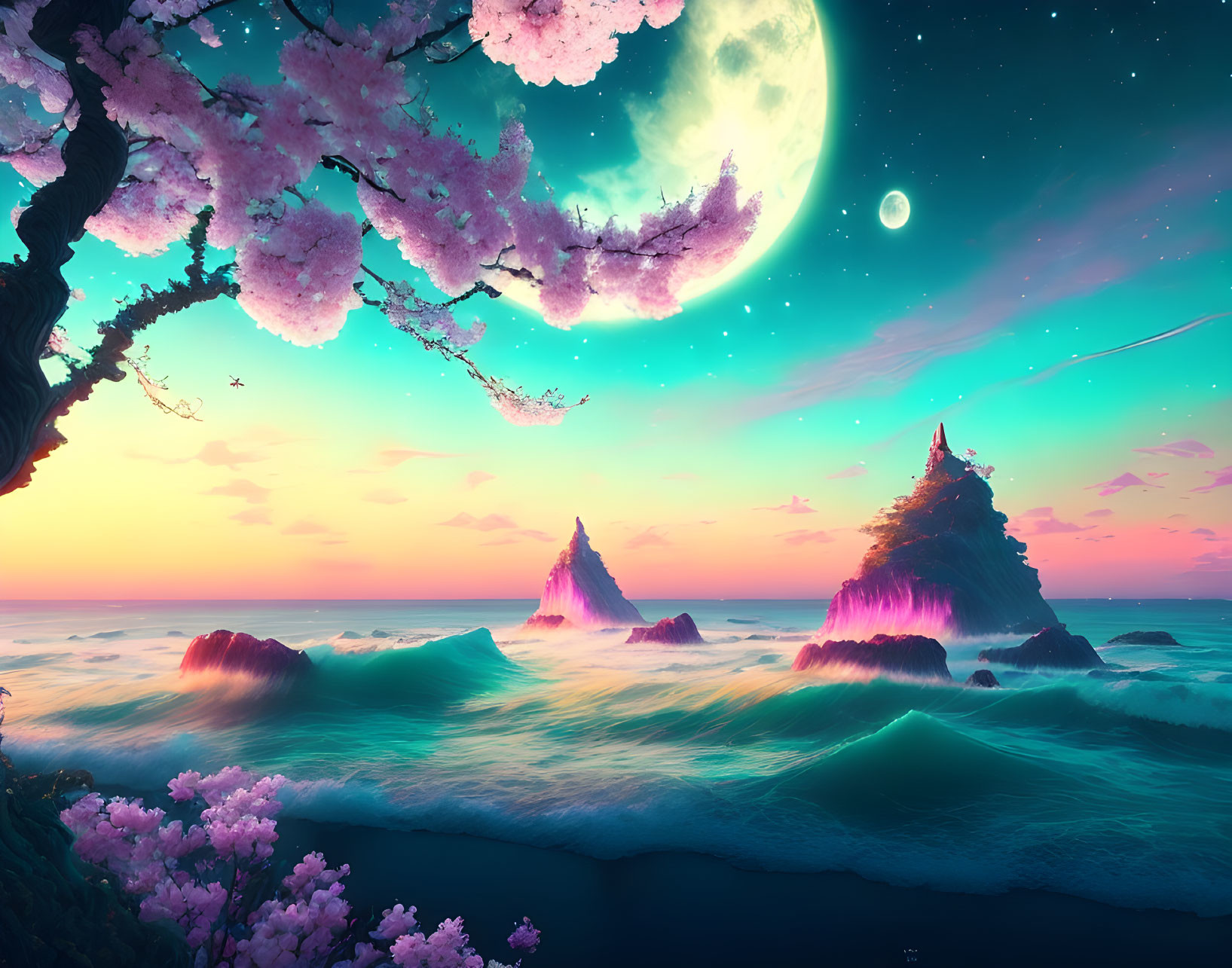 Surreal landscape with cherry blossoms, ocean waves, twin peaks, green moon, and vibrant