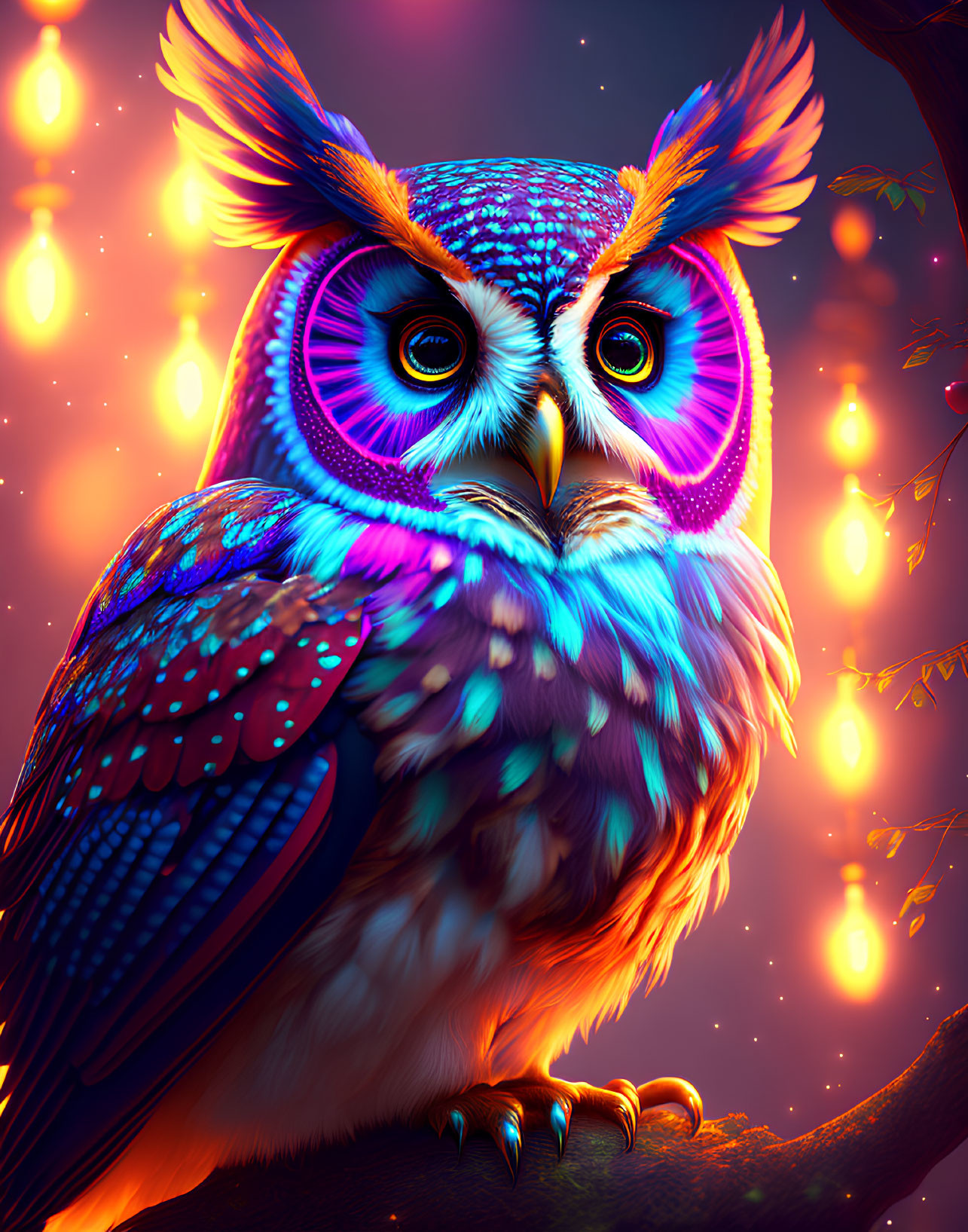 Colorful Owl Artwork: Owl with Purple Eyes on Branch with Lanterns