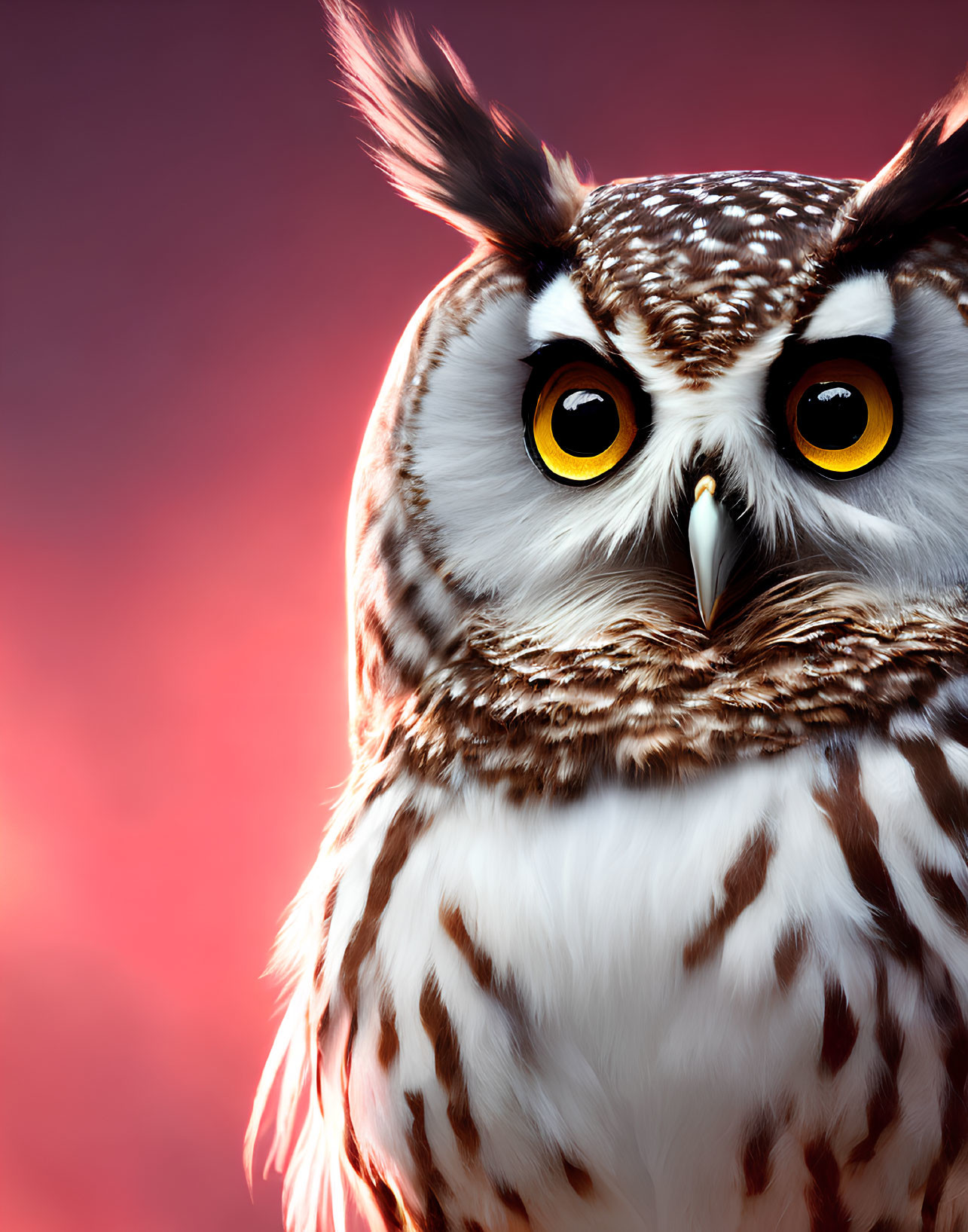 Majestic owl with yellow eyes and detailed feathers on pinkish-red background